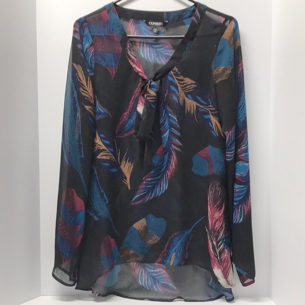Express Sheer Feather Print Tie Front Blouse - image 3